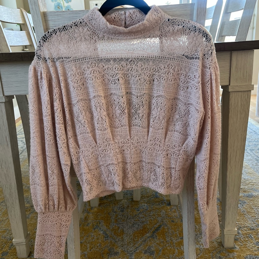 Free People - Rare - Blush Pink Sheer Lace-Like Sweater w/ Mock Neck & Open Back - Picture 9 of 9